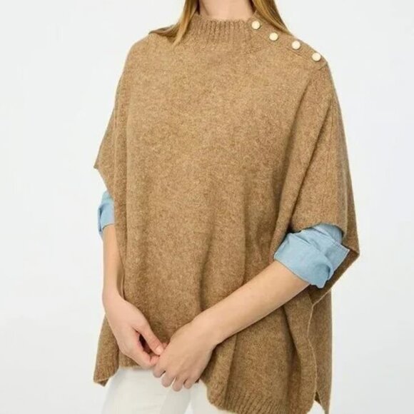 J Crew Button-Neck Poncho Sweater, Wool Blend Knit Mock-neck, One Size - Picture 2 of 7